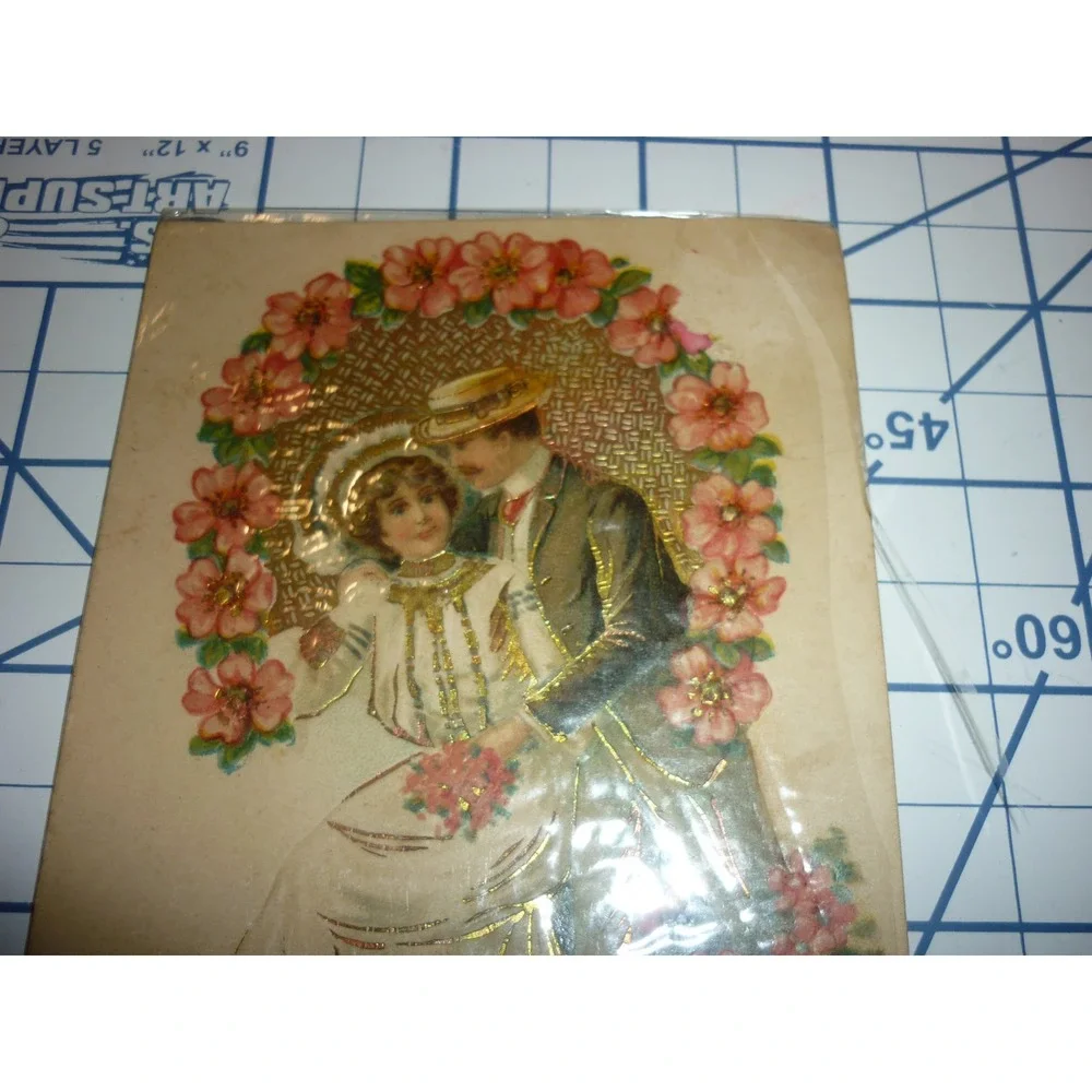 Antique 1906 Valentine‎ Postcard Embossed Gold Foil Victorian Couple Floral
